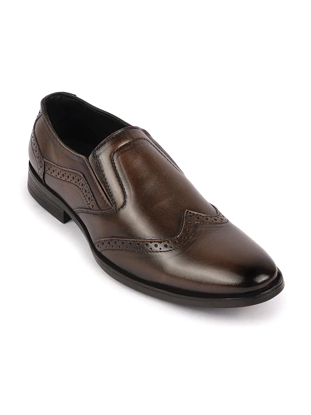 Men Tan Party Formal Office Genuine Leather Brogue Slip On Shoes