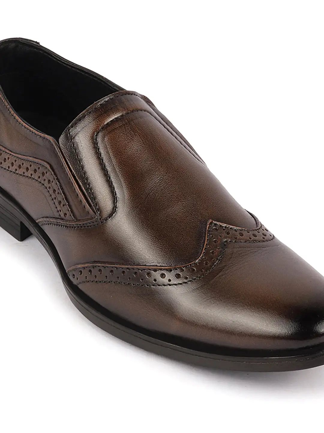 Men Tan Party Formal Office Genuine Leather Brogue Slip On Shoes