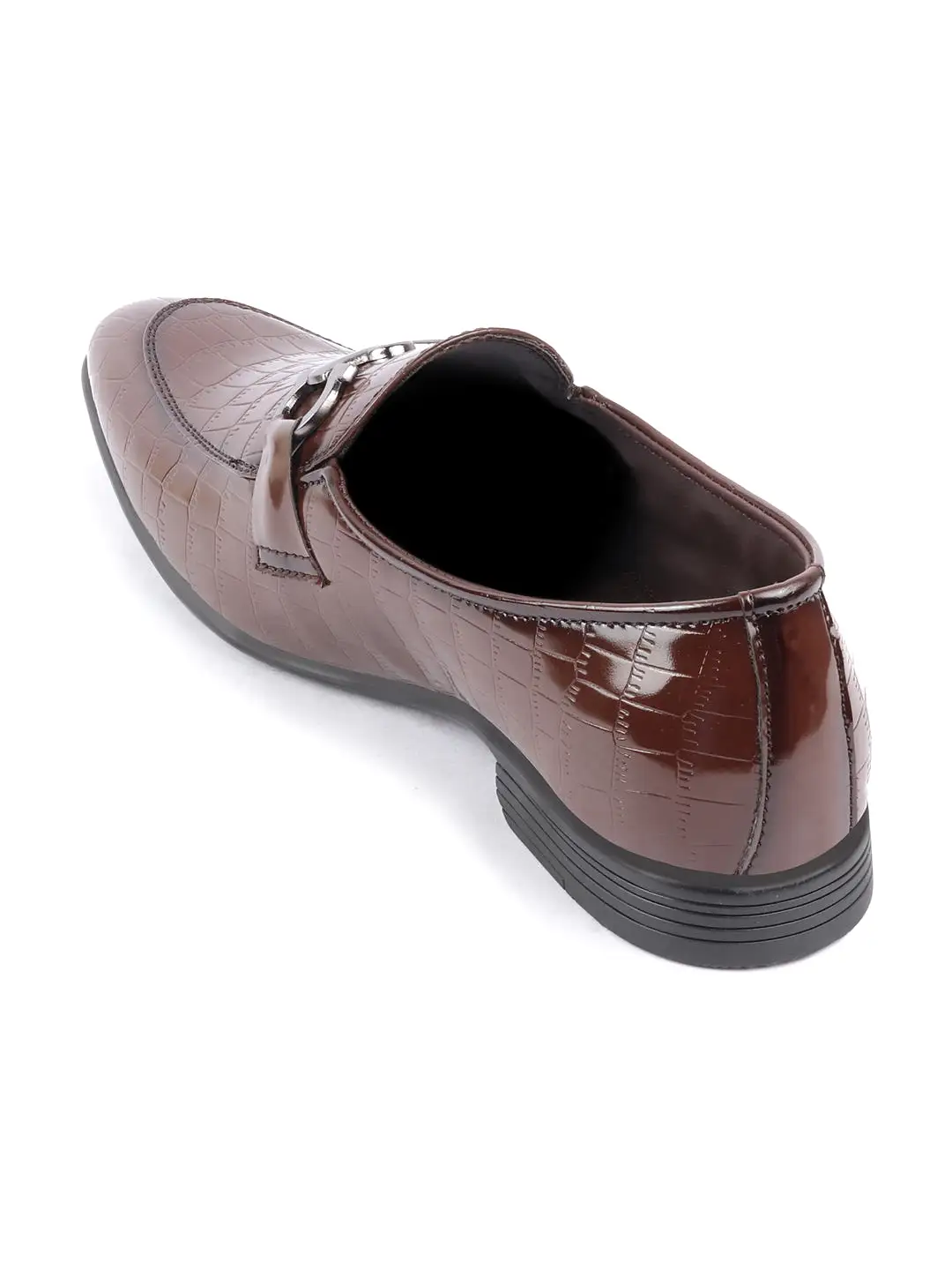 Men Tan Party Formal Patent Leather Embossed Design Buckle Slip On Loafer Shoes