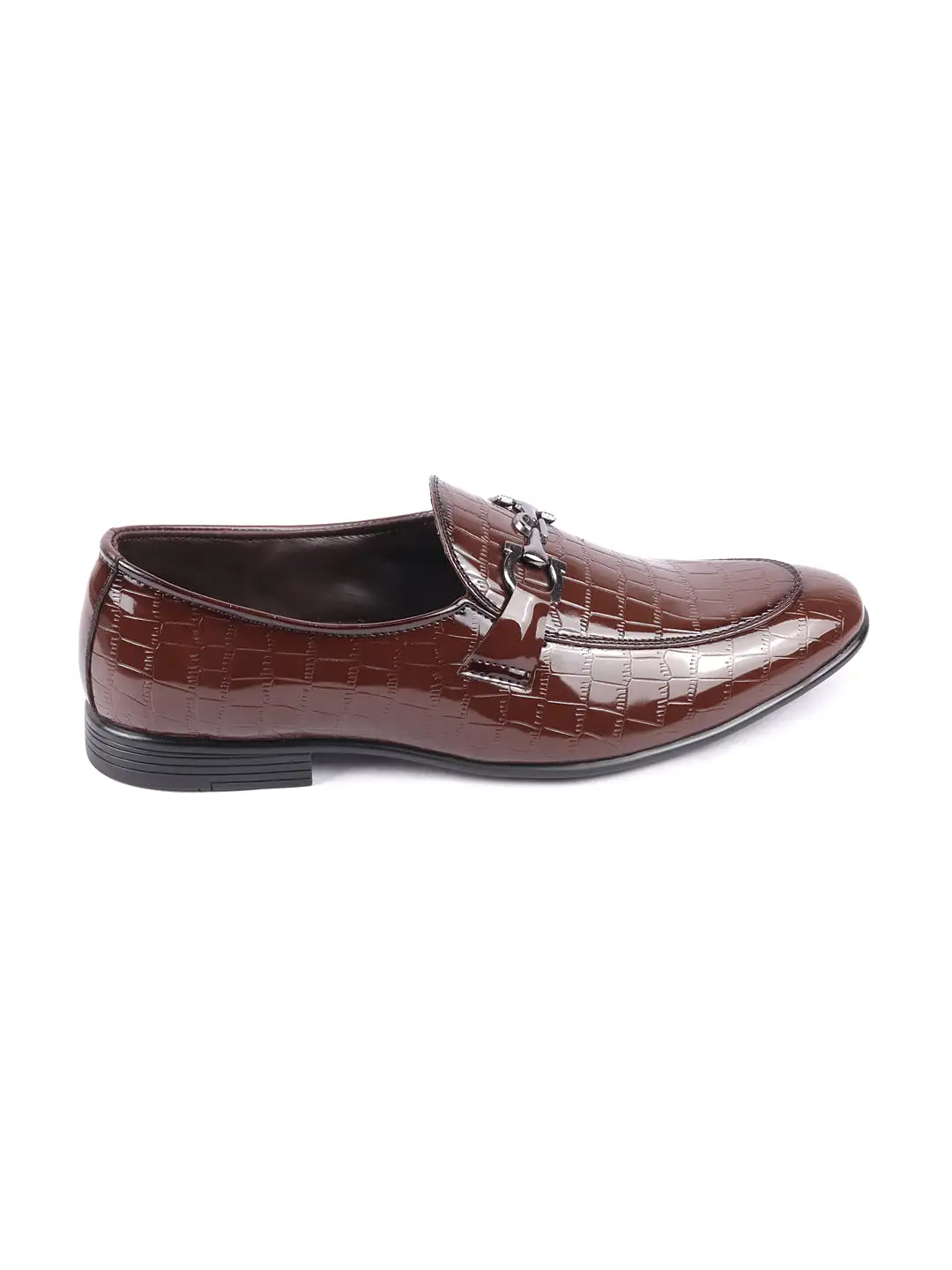 Men Tan Party Formal Patent Leather Embossed Design Buckle Slip On Loafer Shoes