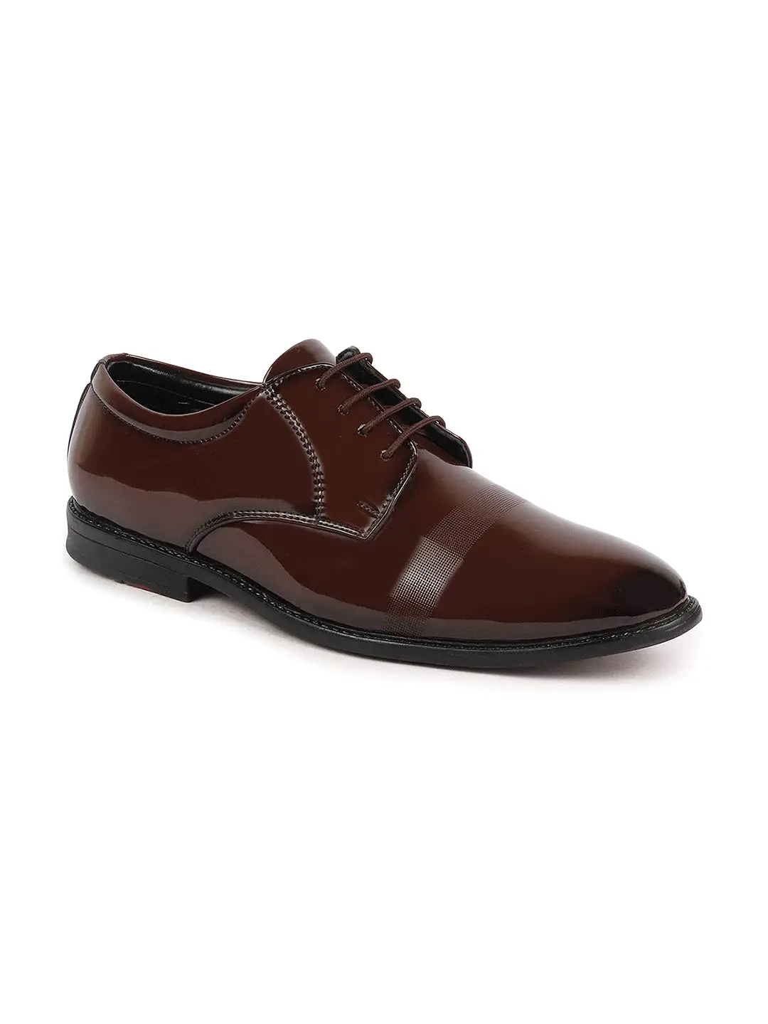 Men Tan Patent Leather Party Formal Textured Strip Lace Up Shoes