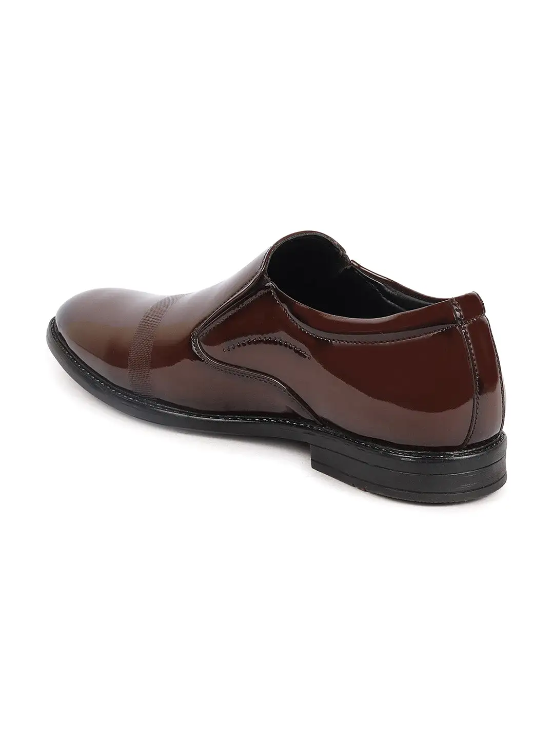 Men Tan Patent Leather Party Formal Textured Strip Slip On Shoes