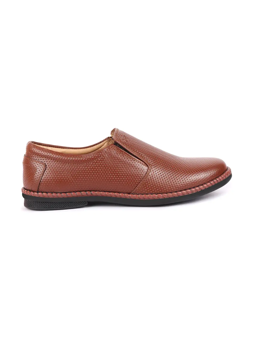 Men Tan Textured Formal/Office Broad Toe Leather Slip On Shoes