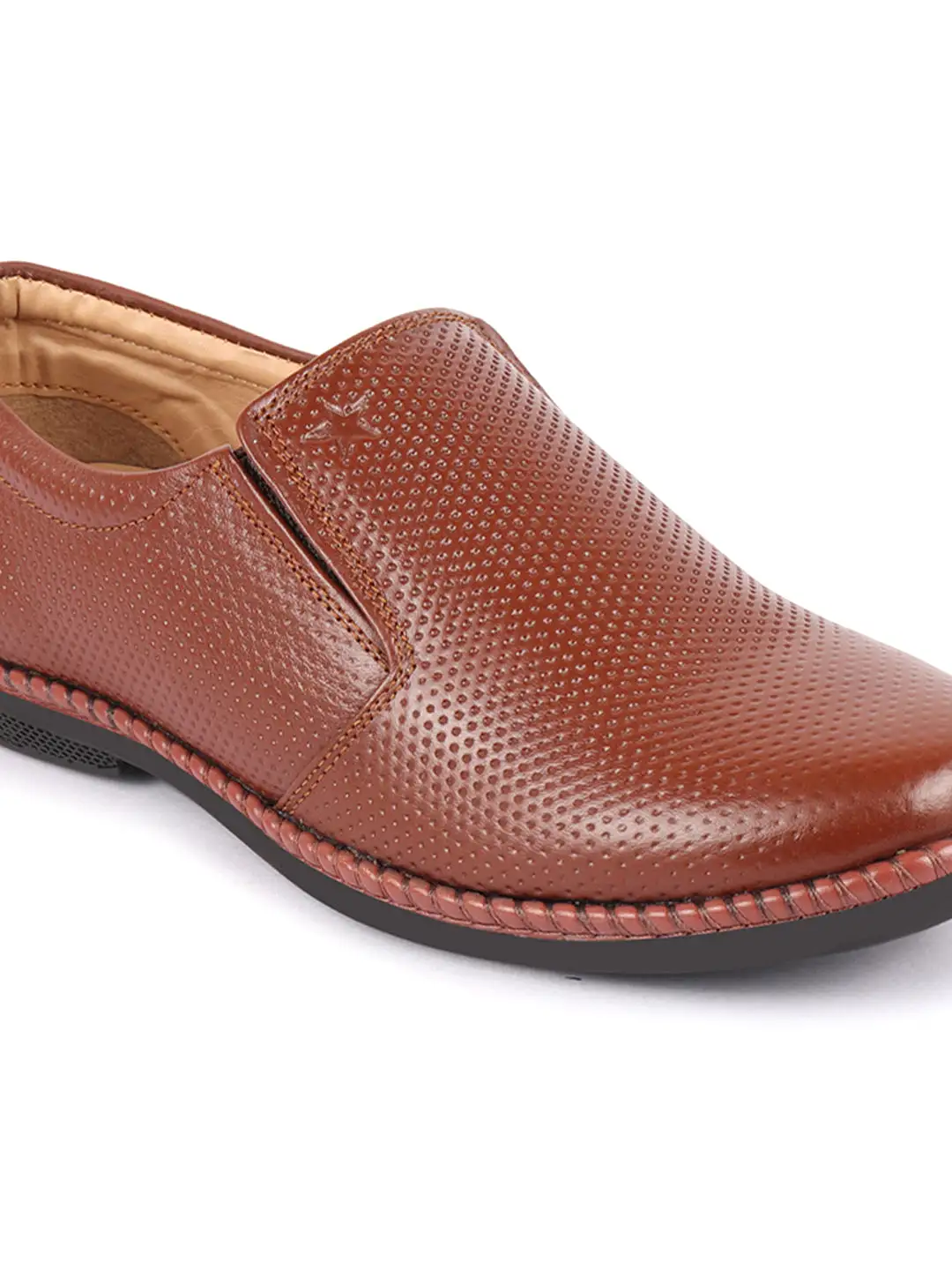 Men Tan Textured Formal/Office Broad Toe Leather Slip On Shoes