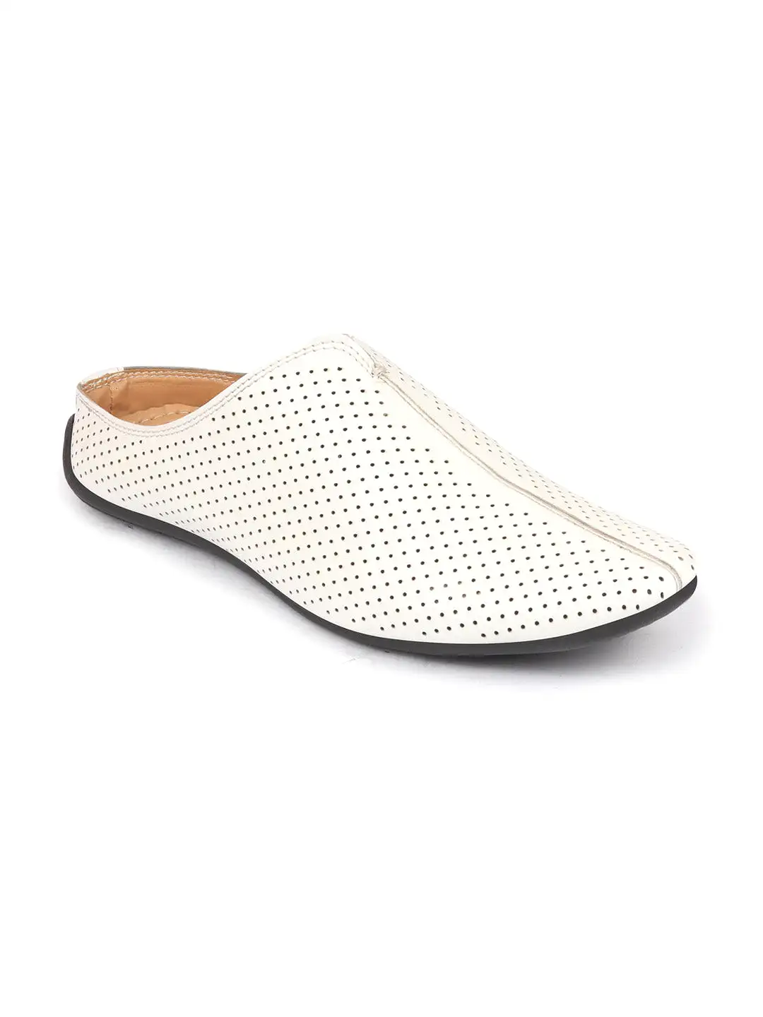 Men White Back Open Perforated Design Ethnic Party Wedding Mules Slip On Shoes