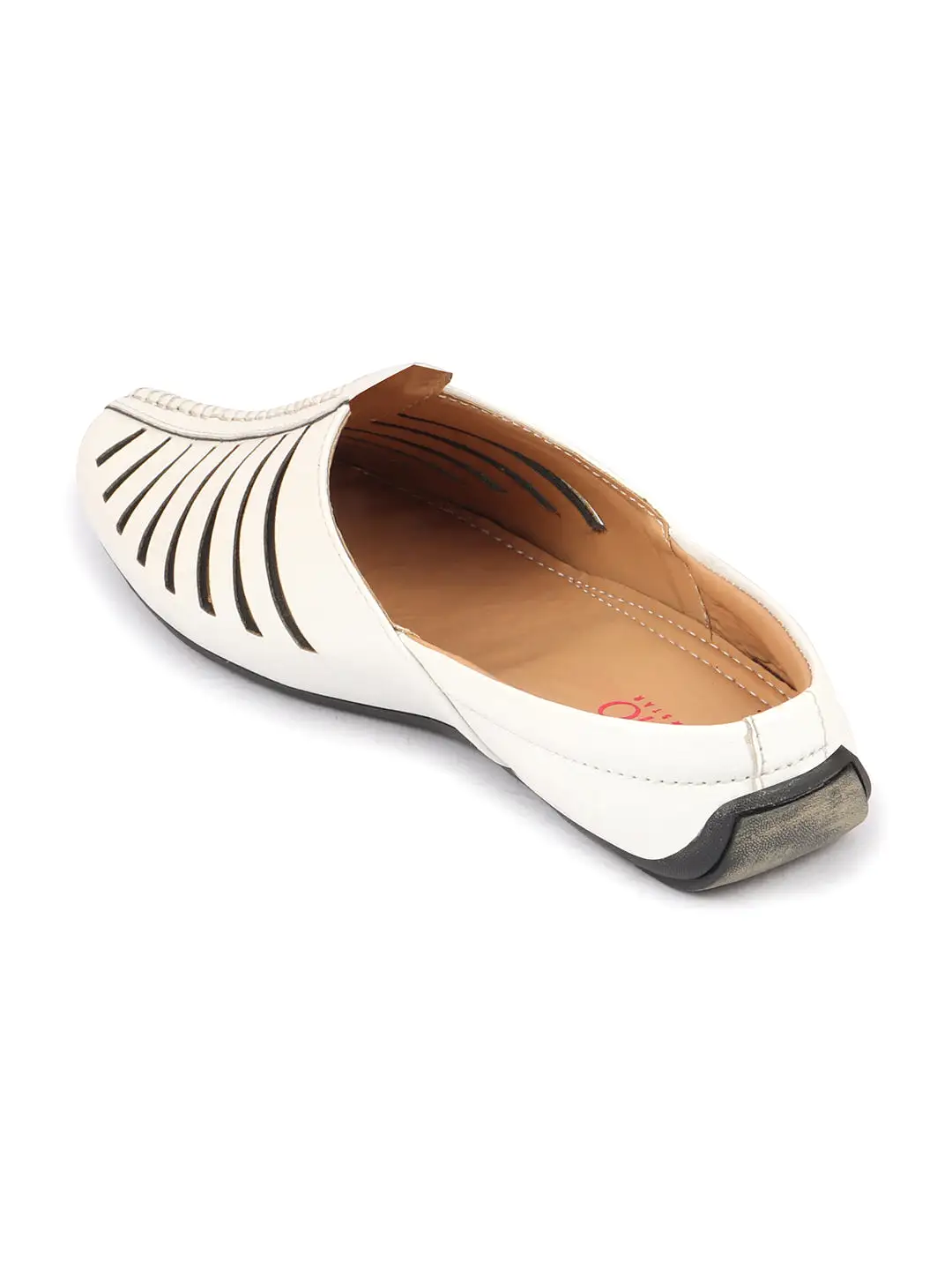 Men White Laser Cut Design Back Open Evening Party Ethnic Mules Slip On Shoes