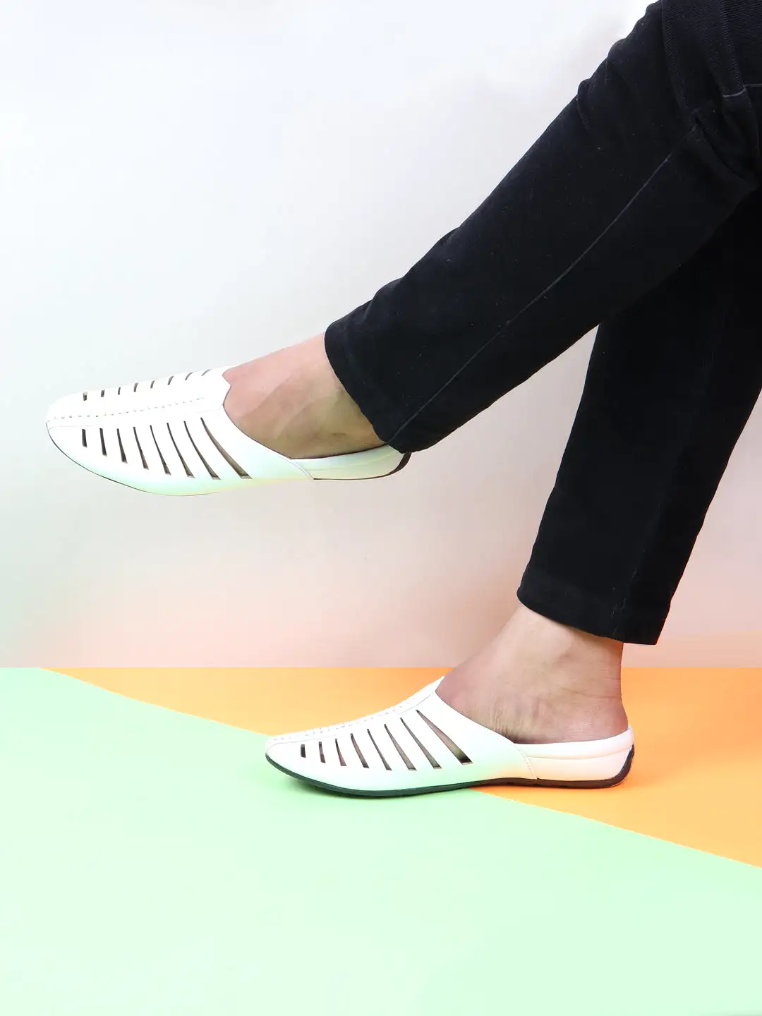 Men White Laser Cut Design Back Open Evening Party Ethnic Mules Slip On Shoes