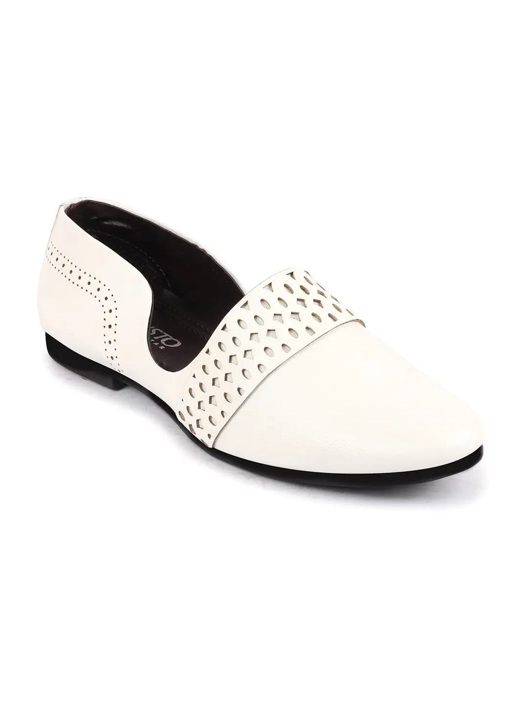 Men White Laser Cut Design Side Open Broad Feet Ethnic Party Slip On Shoes