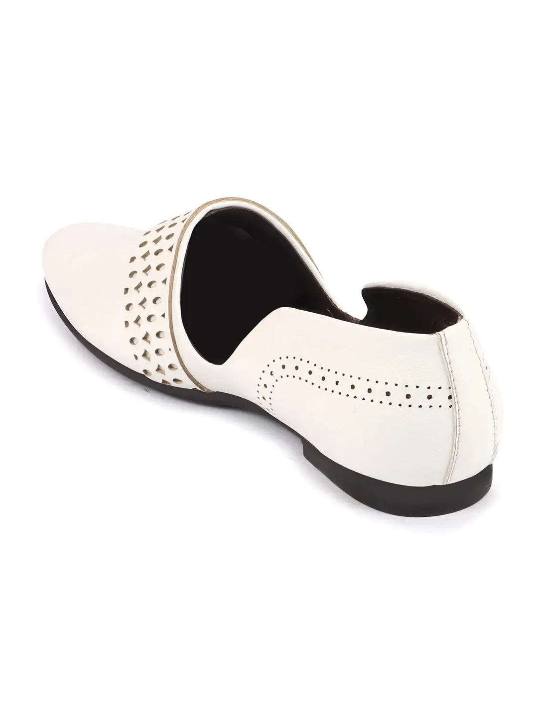 Men White Laser Cut Design Side Open Broad Feet Ethnic Party Slip On Shoes