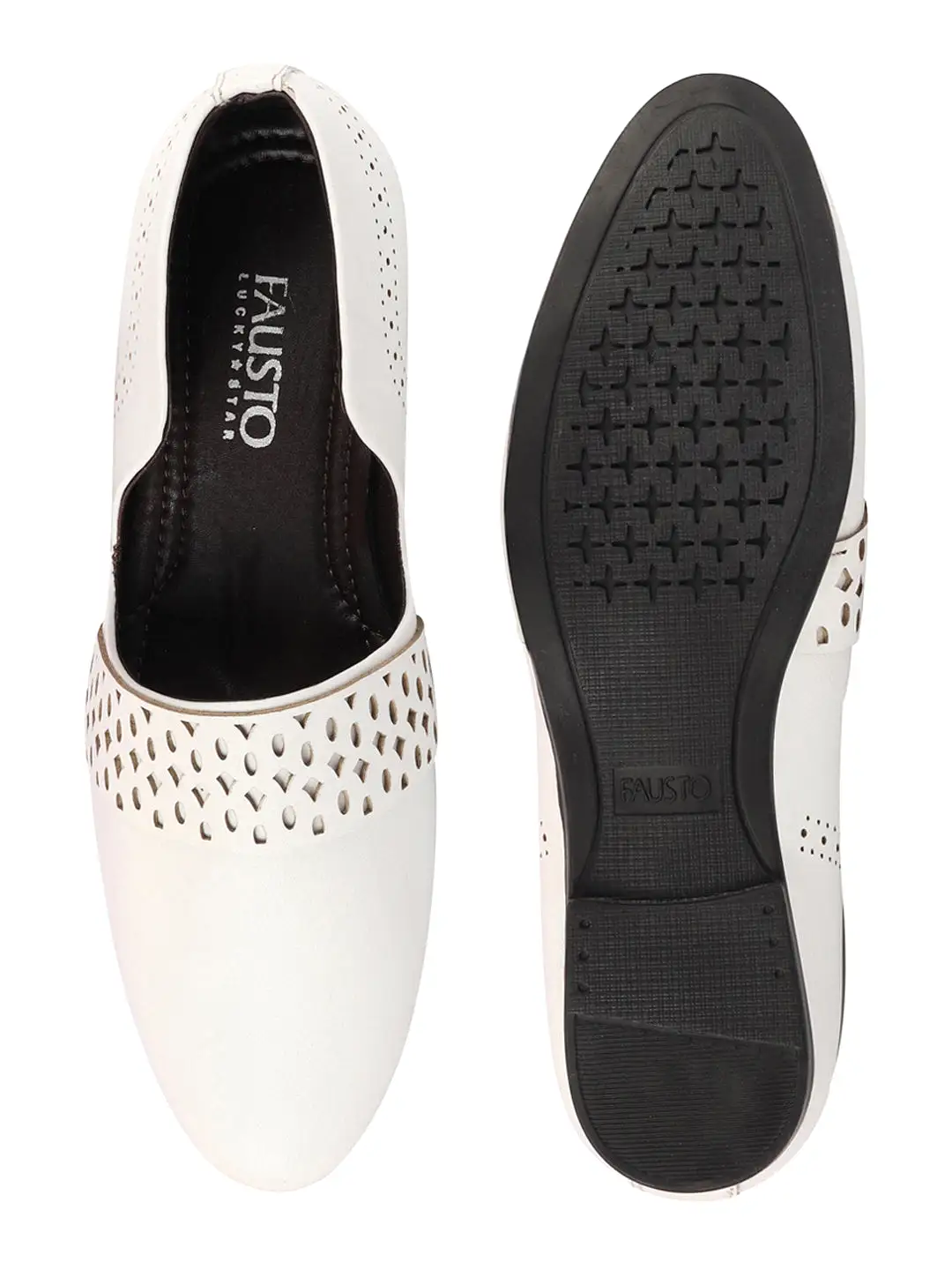 Men White Laser Cut Design Side Open Broad Feet Ethnic Party Slip On Shoes