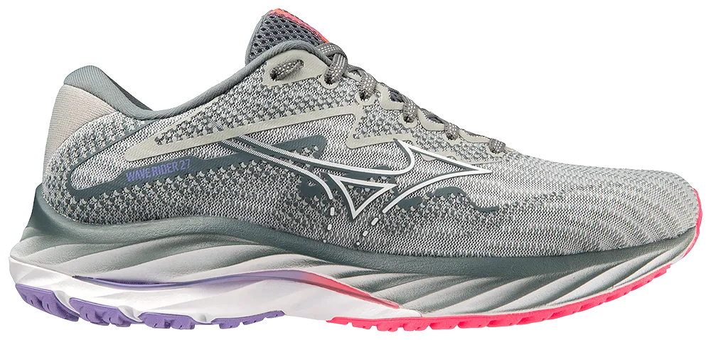 Mizuno Wave Rider 27 (D Width) - Pearl Blue/White/High-Vis Pink (Womens)