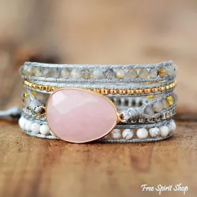 Natural Rose Quartz Howlite & Rutilated Quartz Wrap Bracelet