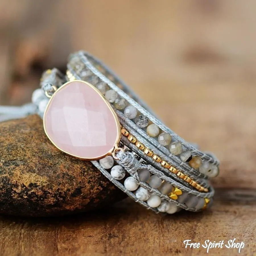 Natural Rose Quartz Howlite & Rutilated Quartz Wrap Bracelet