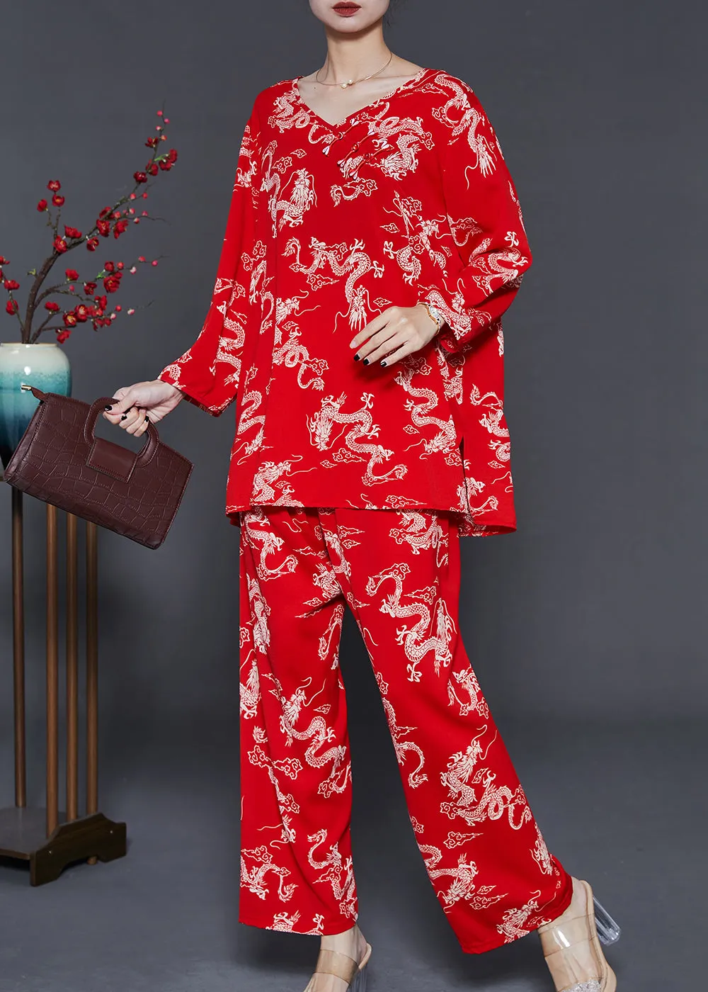 Plus Size Red Dragon Print Cotton Women Sets 2 Pieces Summer