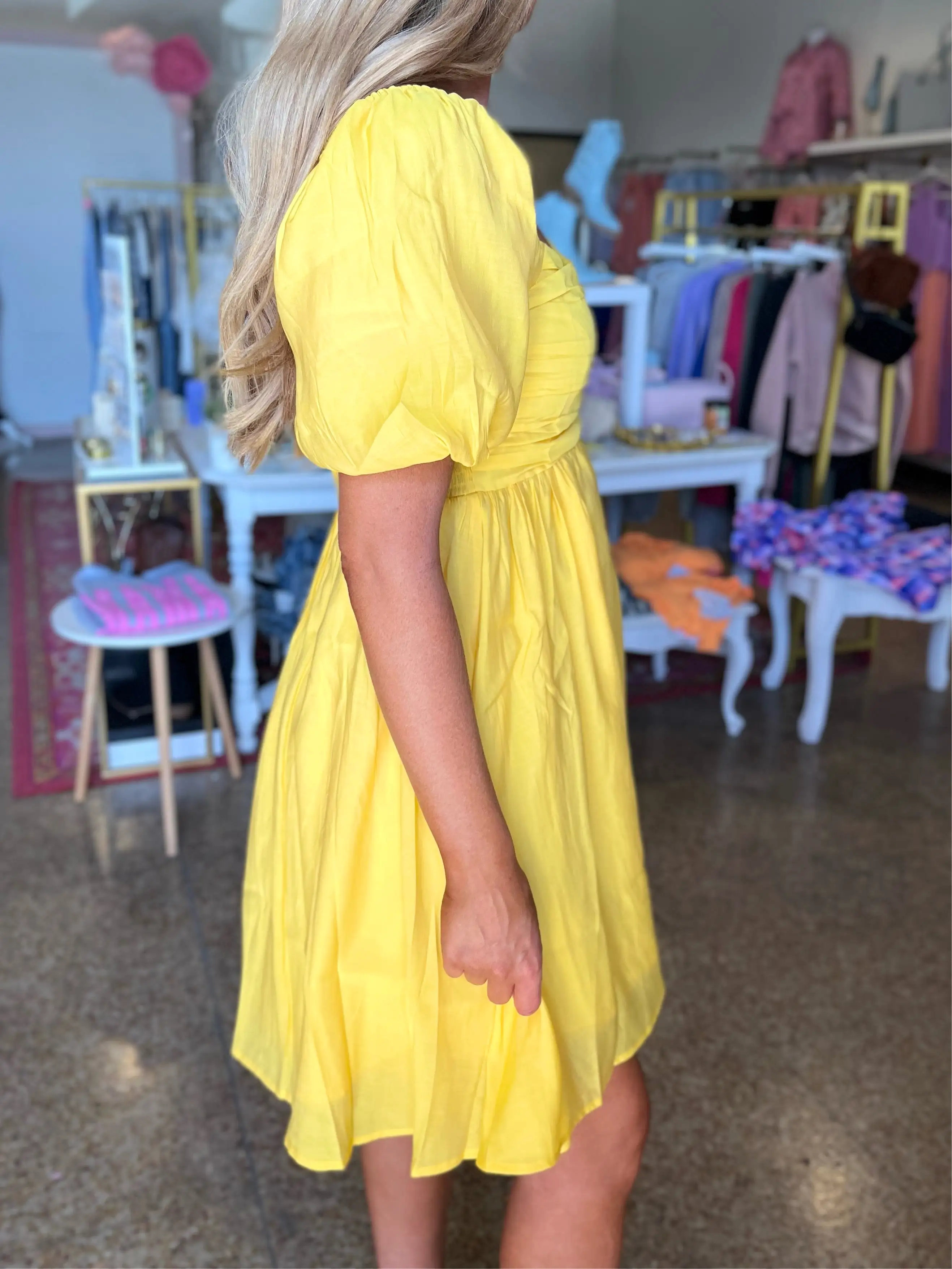 Puff Sleeve Babydoll Dress - Lemon