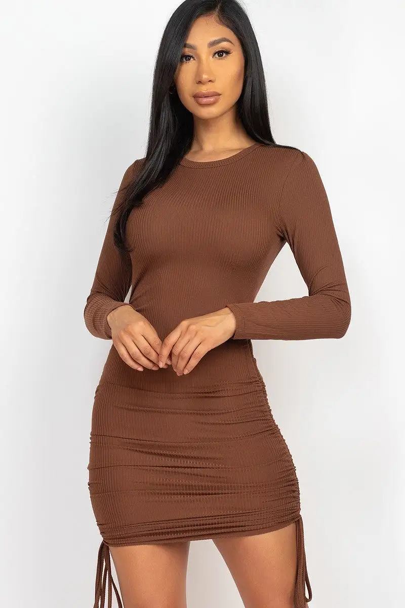 Ribbed long sleeve drawstring bodycon dress