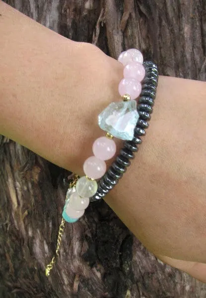 Rose Quartz, Blue Quartz Beaded Bracelet