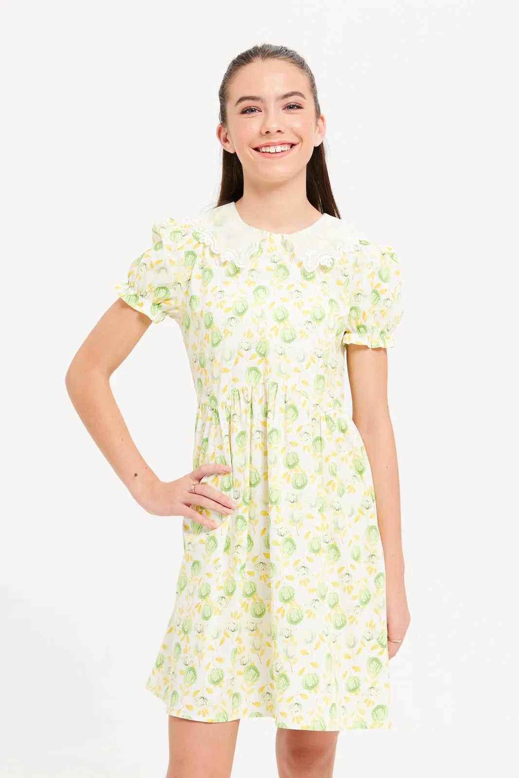 Senior Girls Yellow Printed Dress