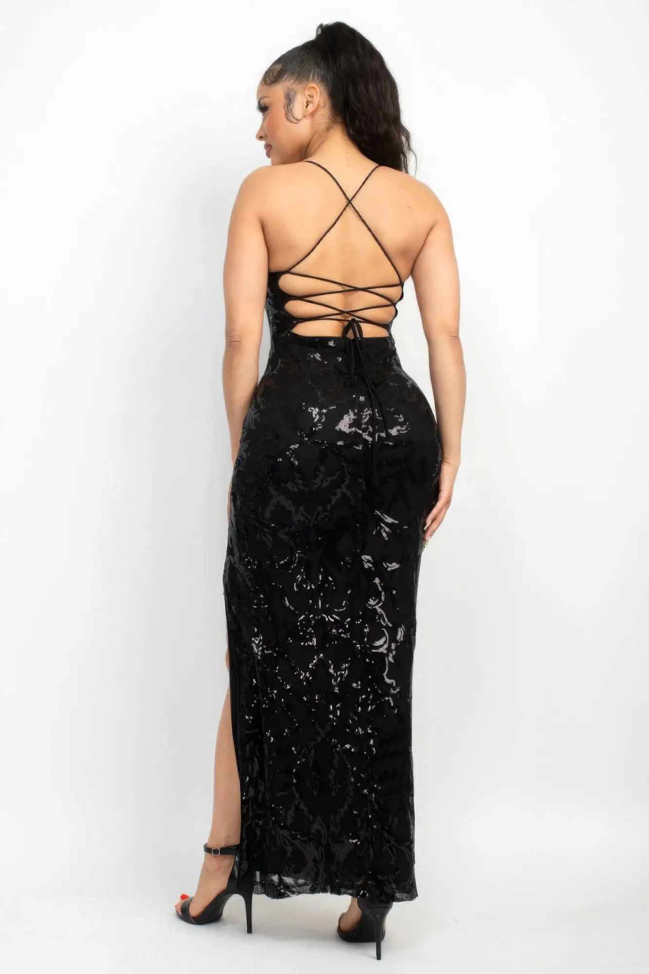 Sequin Back-crisscross Tie Slit Dress