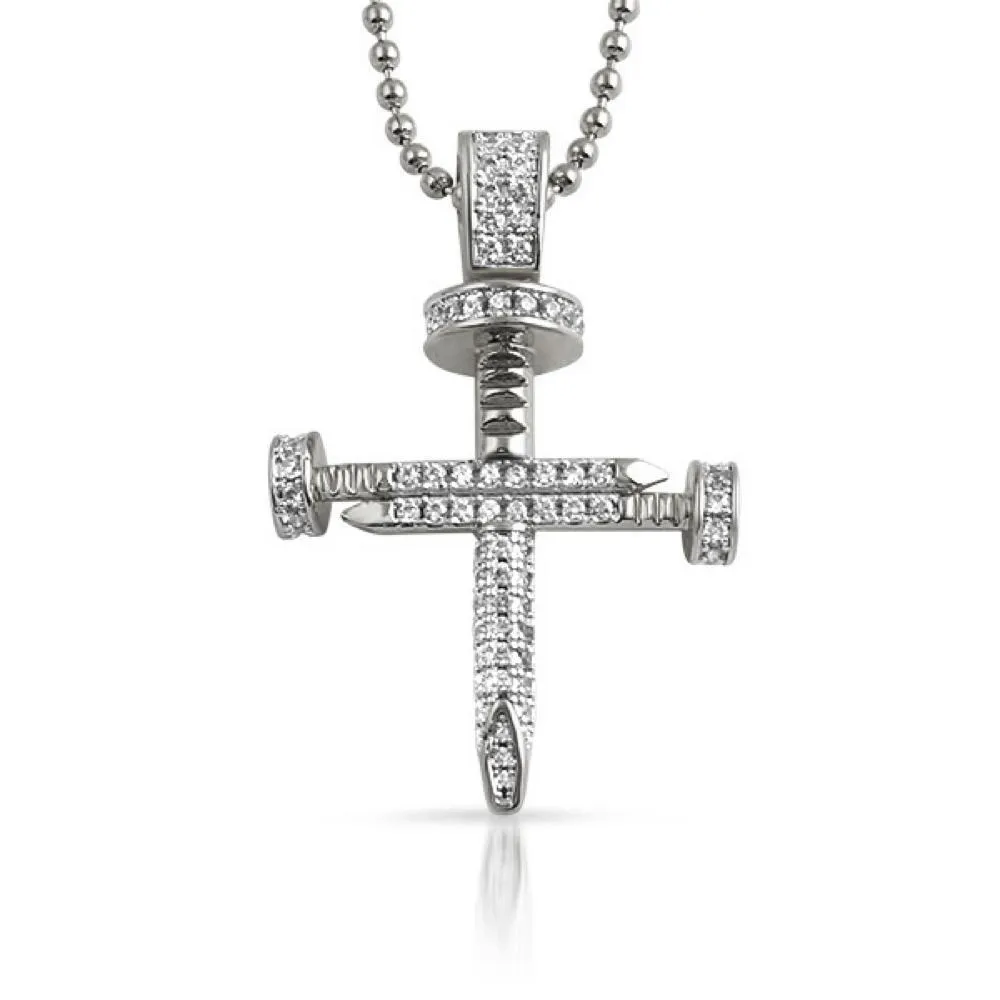 Small CZ 3D Rhodium Nail Cross Bling Bling Pendant