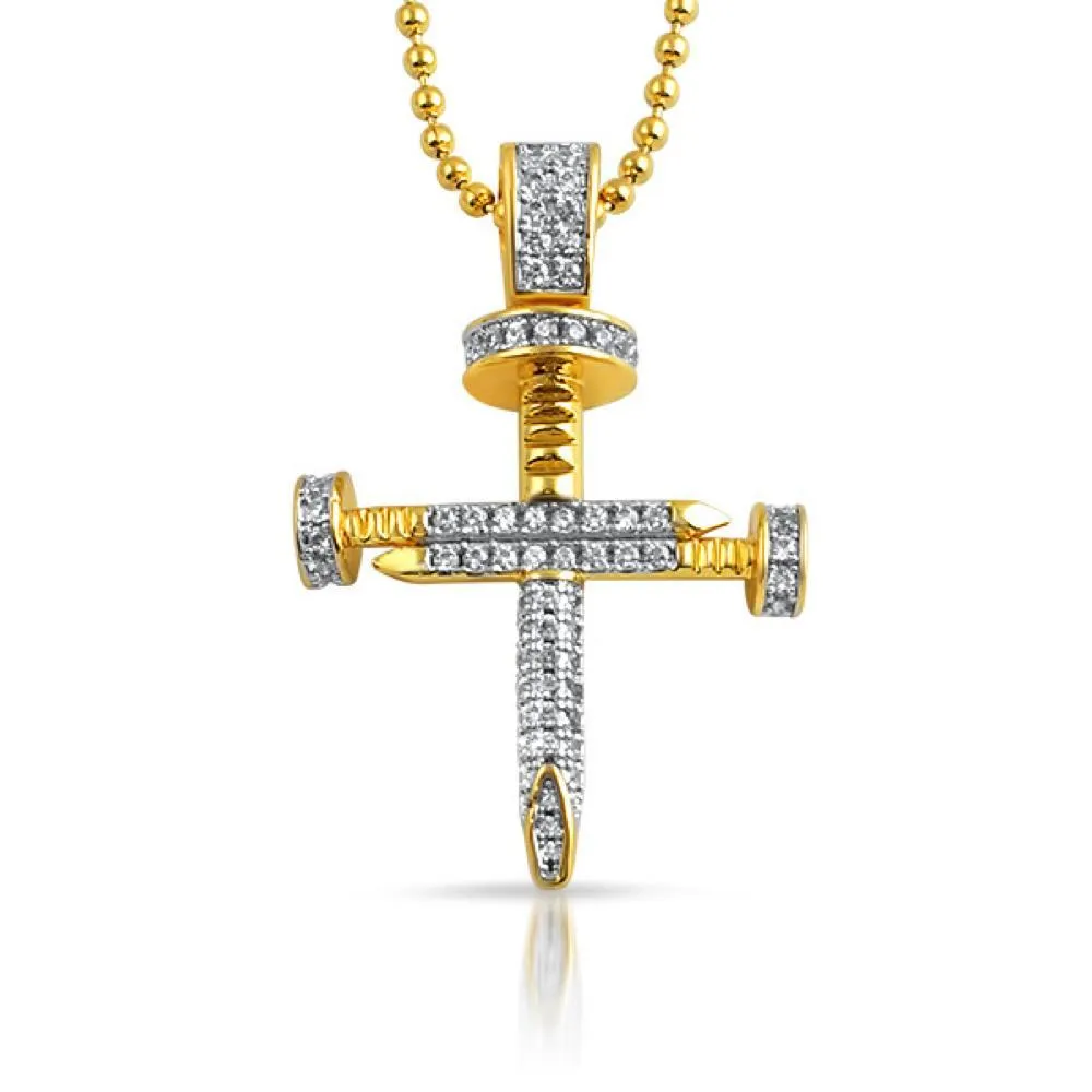 Small Gold CZ 3D Nail Cross Bling Bling Pendant