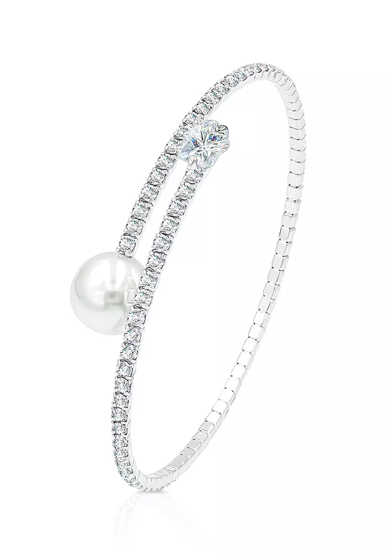 SO SEOUL SO SEOUL Everleigh Petite Shaped White Pearl Diamond Simulant Zirconia Spiral Spring Adjustable Bangle