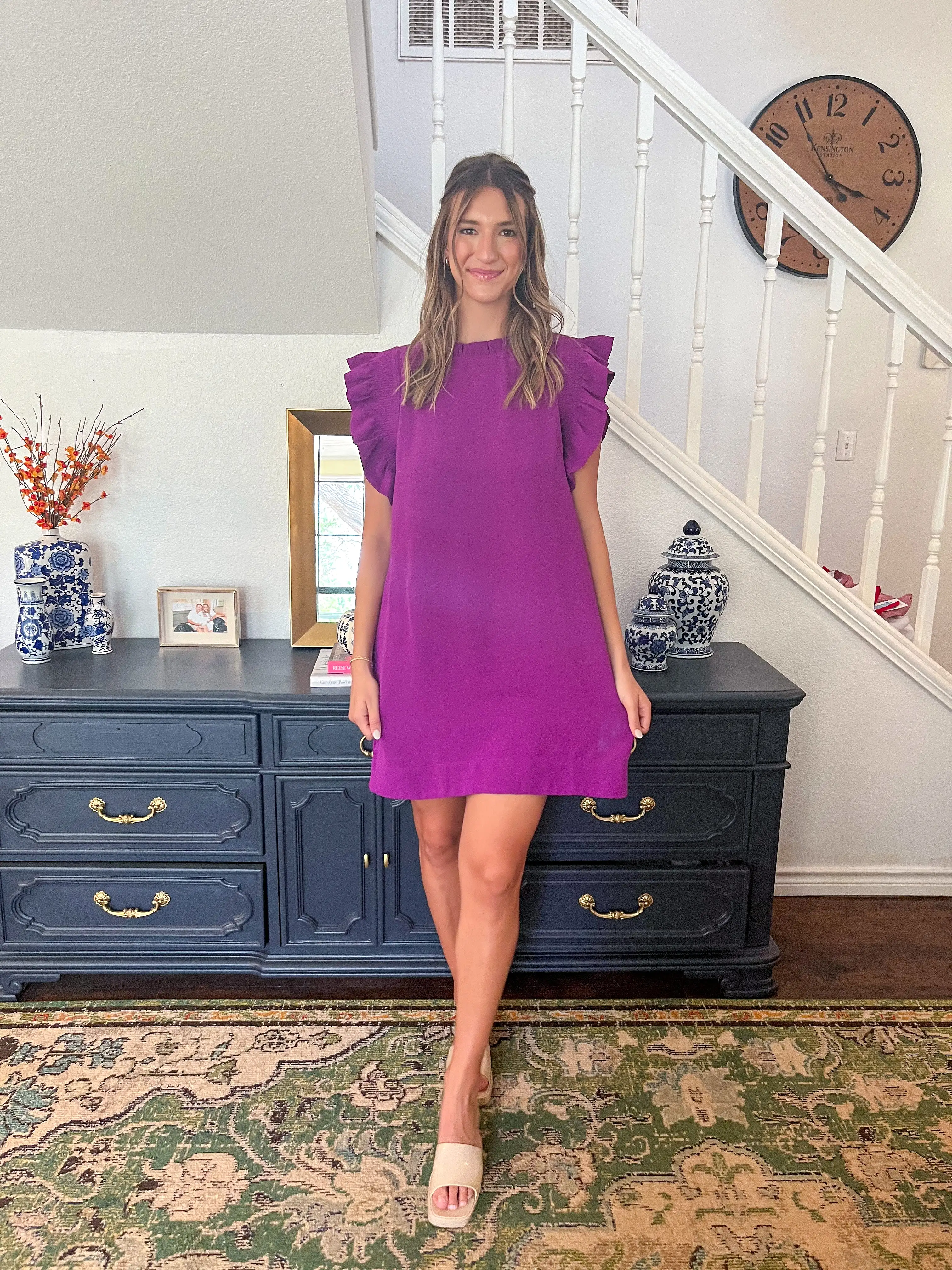 Solid Ruffle Cap Sleeve Dress- Purple