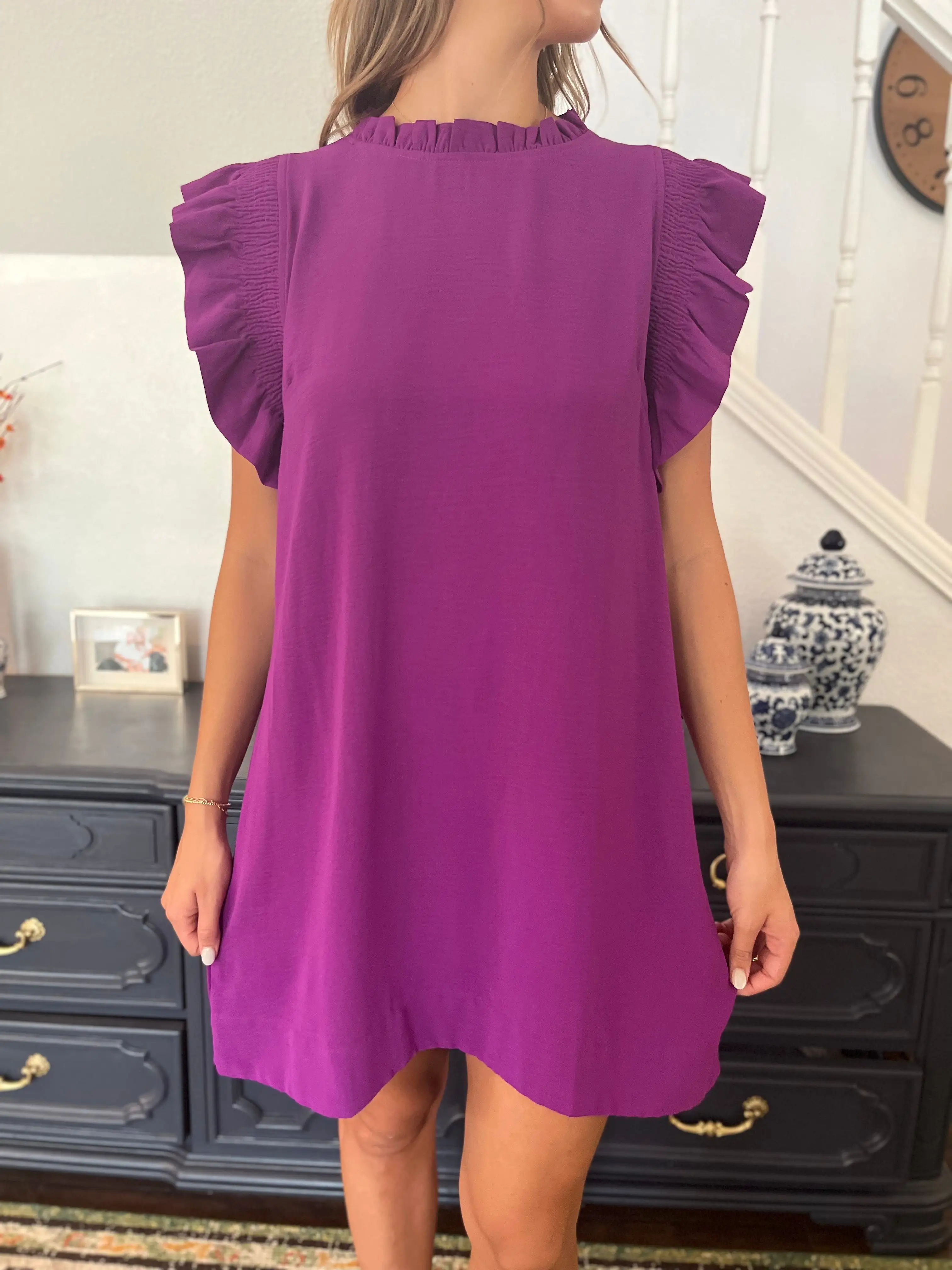 Solid Ruffle Cap Sleeve Dress- Purple