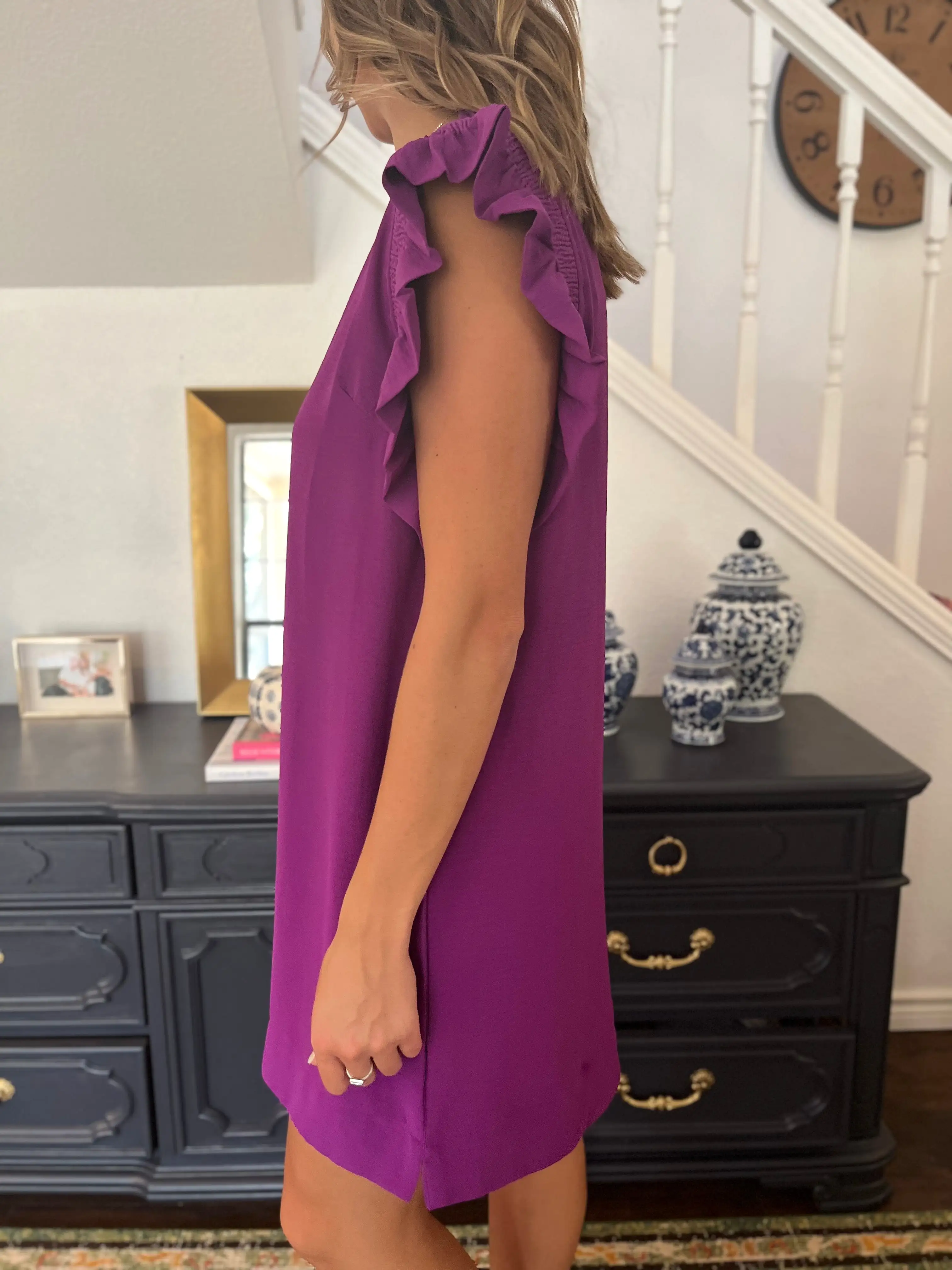 Solid Ruffle Cap Sleeve Dress- Purple