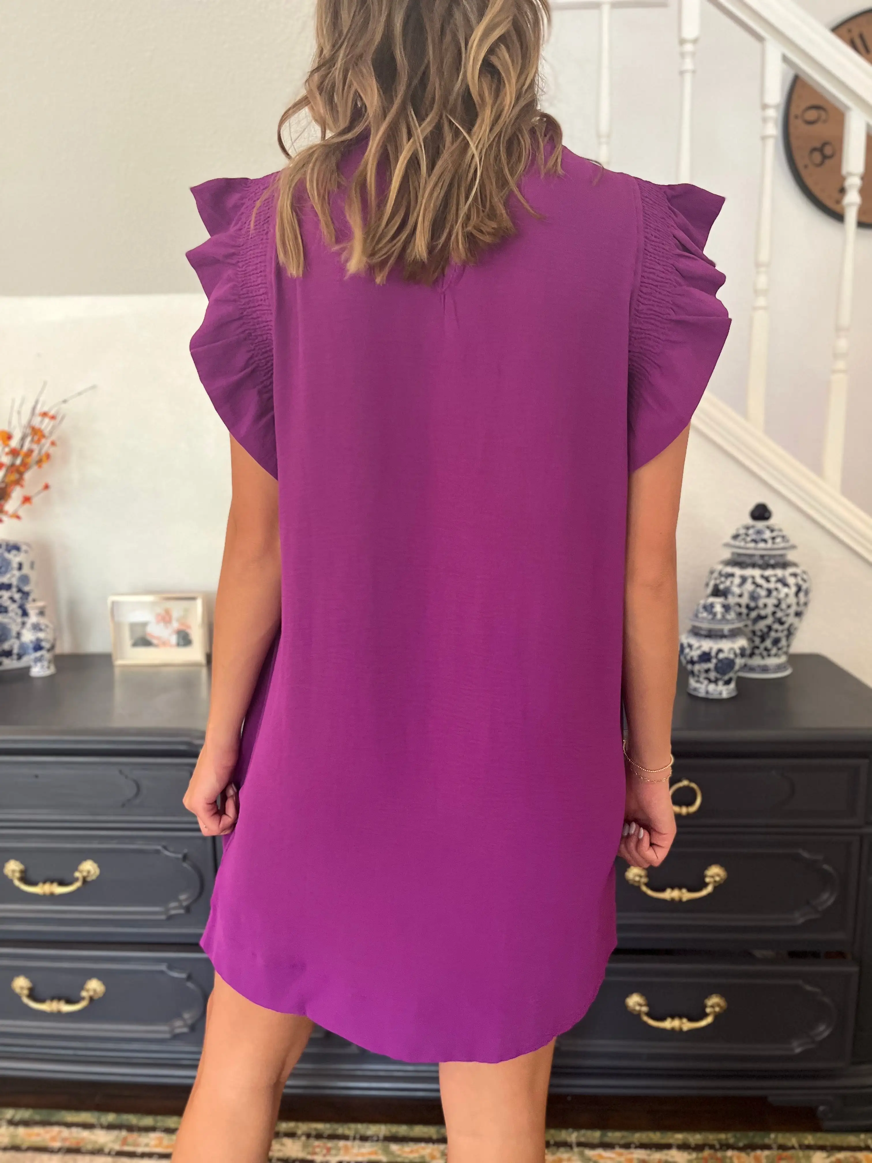 Solid Ruffle Cap Sleeve Dress- Purple