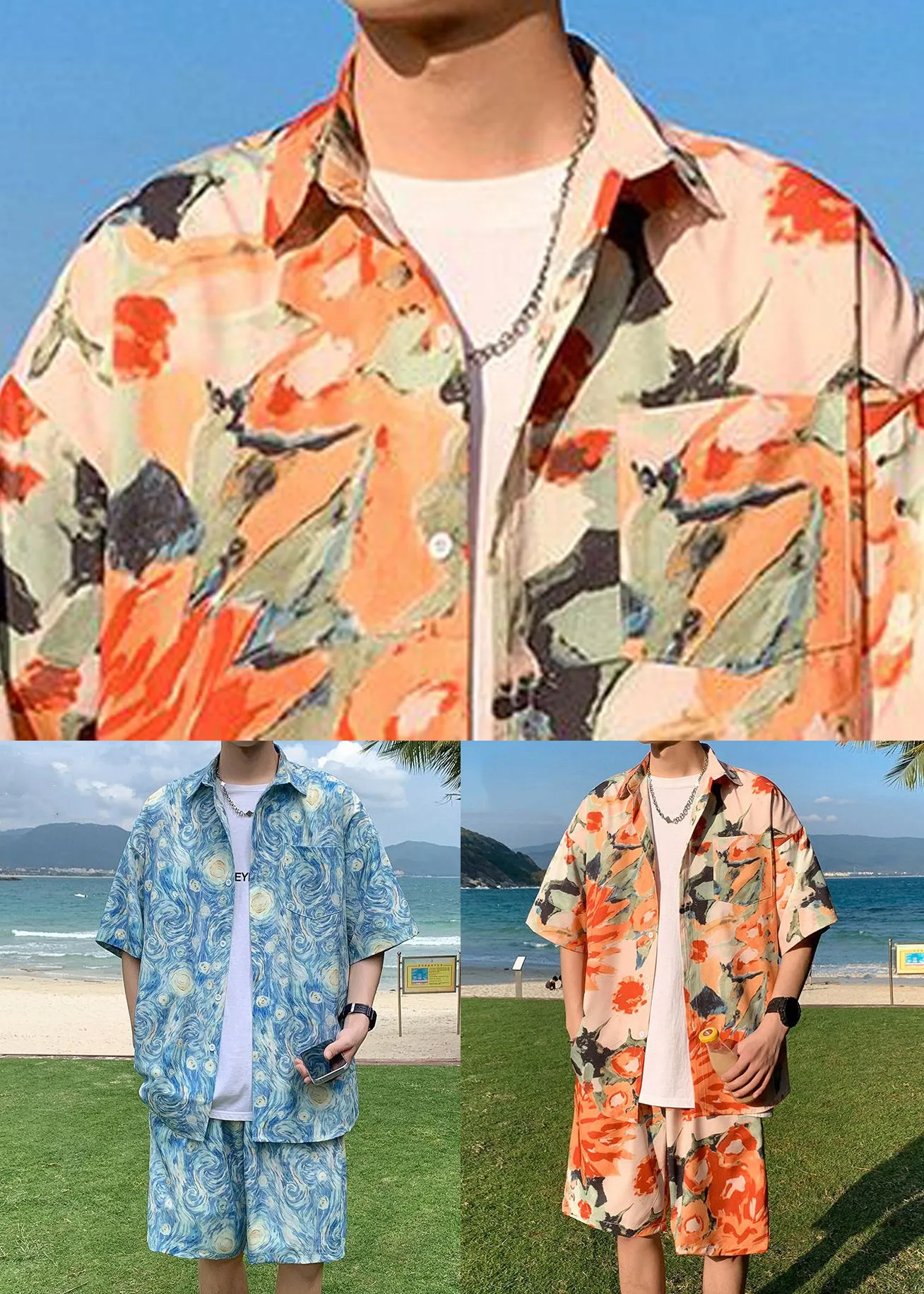 Stylish Orange Peter Pan Collar Print Ice Silk Mens Sets 2 Pieces Short Sleeve