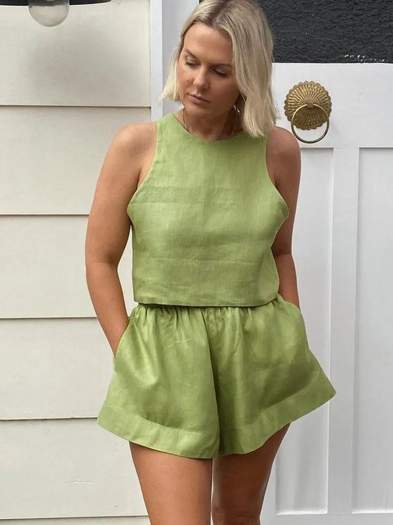 Summer Matching Sets Slim Green Linen 2 Piece Set Women Outfit 2023