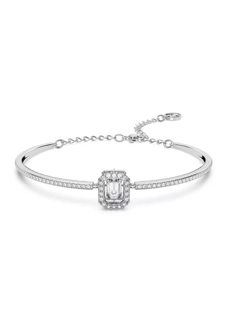 Swarovski Una bangle, Octagon cut, Pavé, White, Rhodium plated