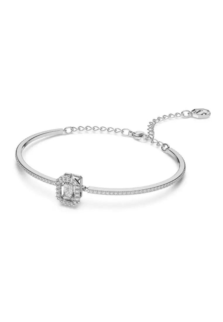 Swarovski Una bangle, Octagon cut, Pavé, White, Rhodium plated