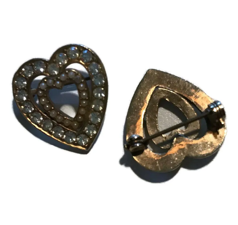 Two of Hearts Rhinestones and Faux Pearls Gold Tone Metal Heart Brooches circa 1960s