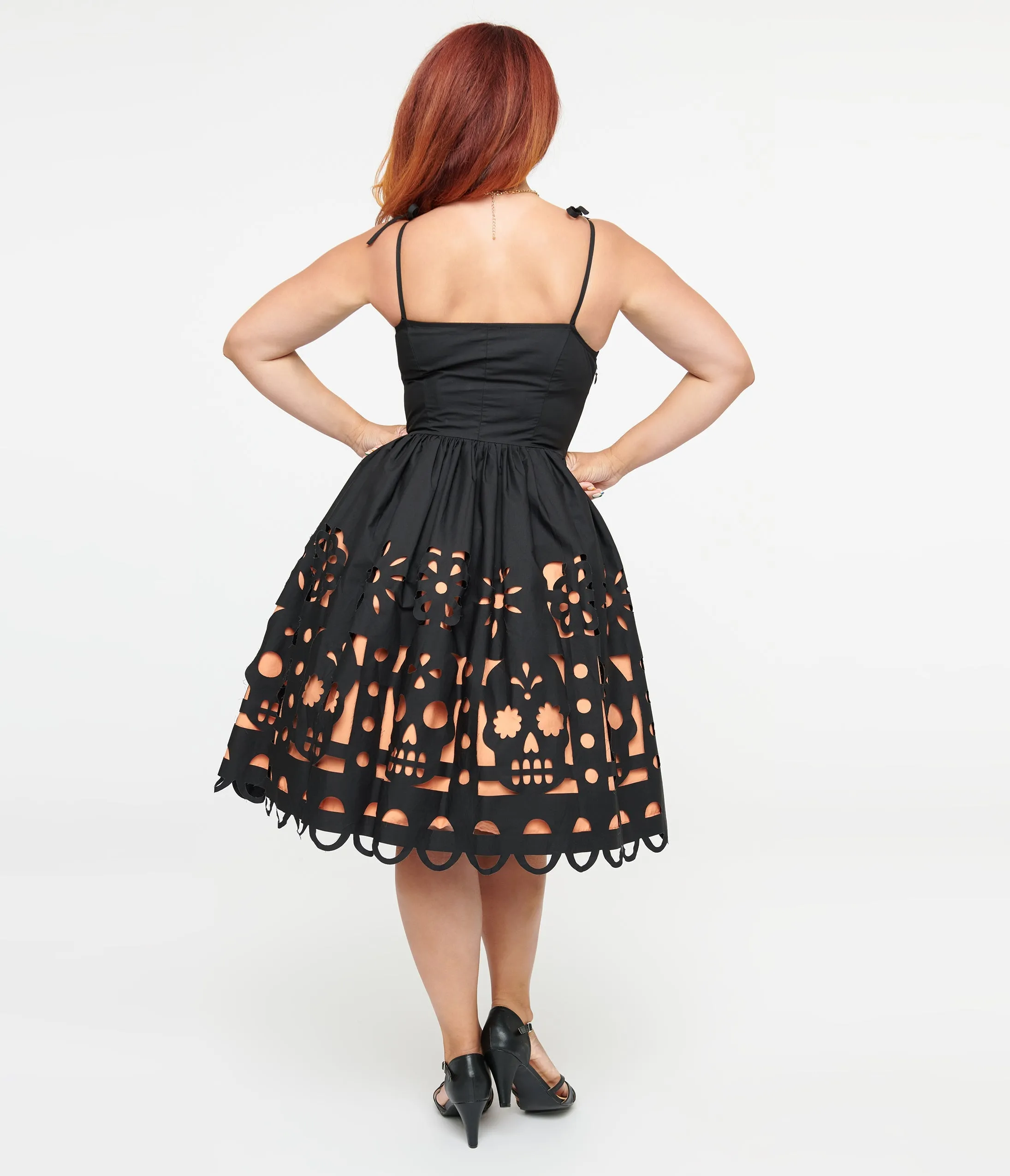 Unique Vintage 1950s Black & Orange Dia De Los Muertos Cutout Bobbie Swing Dress