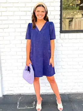 Washing V-Neck Dress - Navy