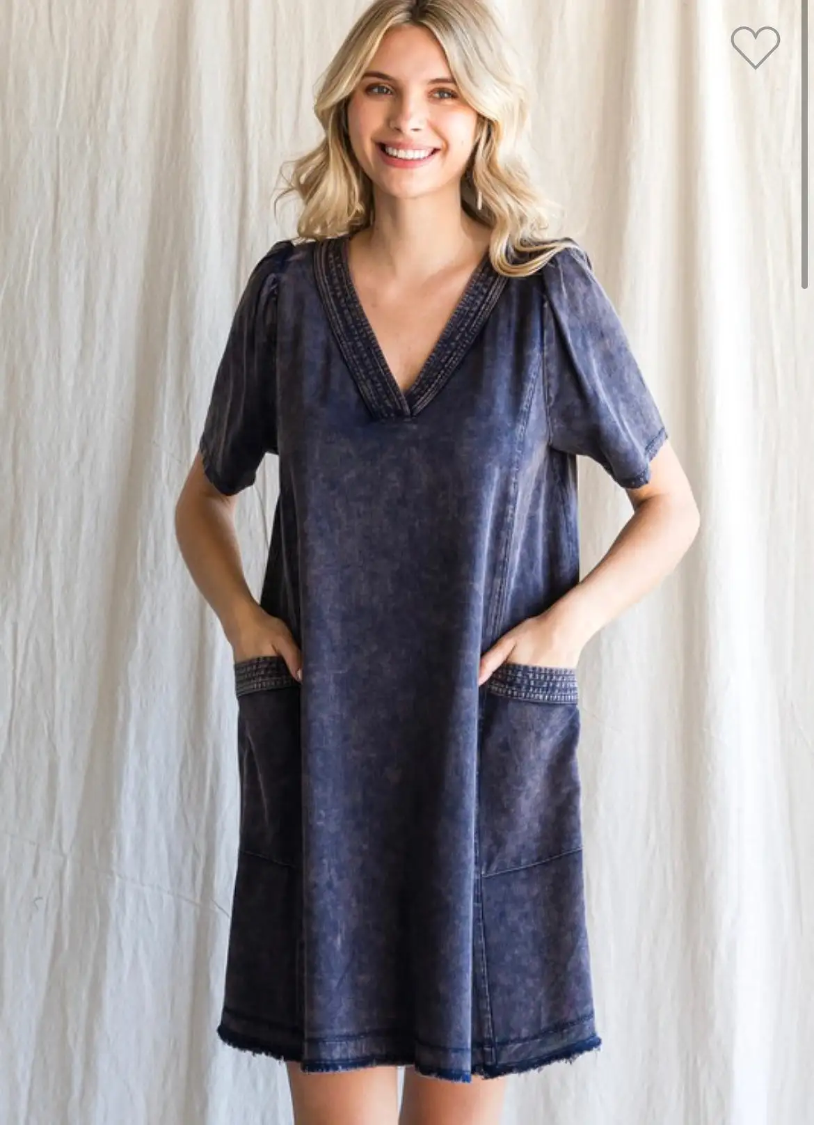 Washing V-Neck Dress - Navy