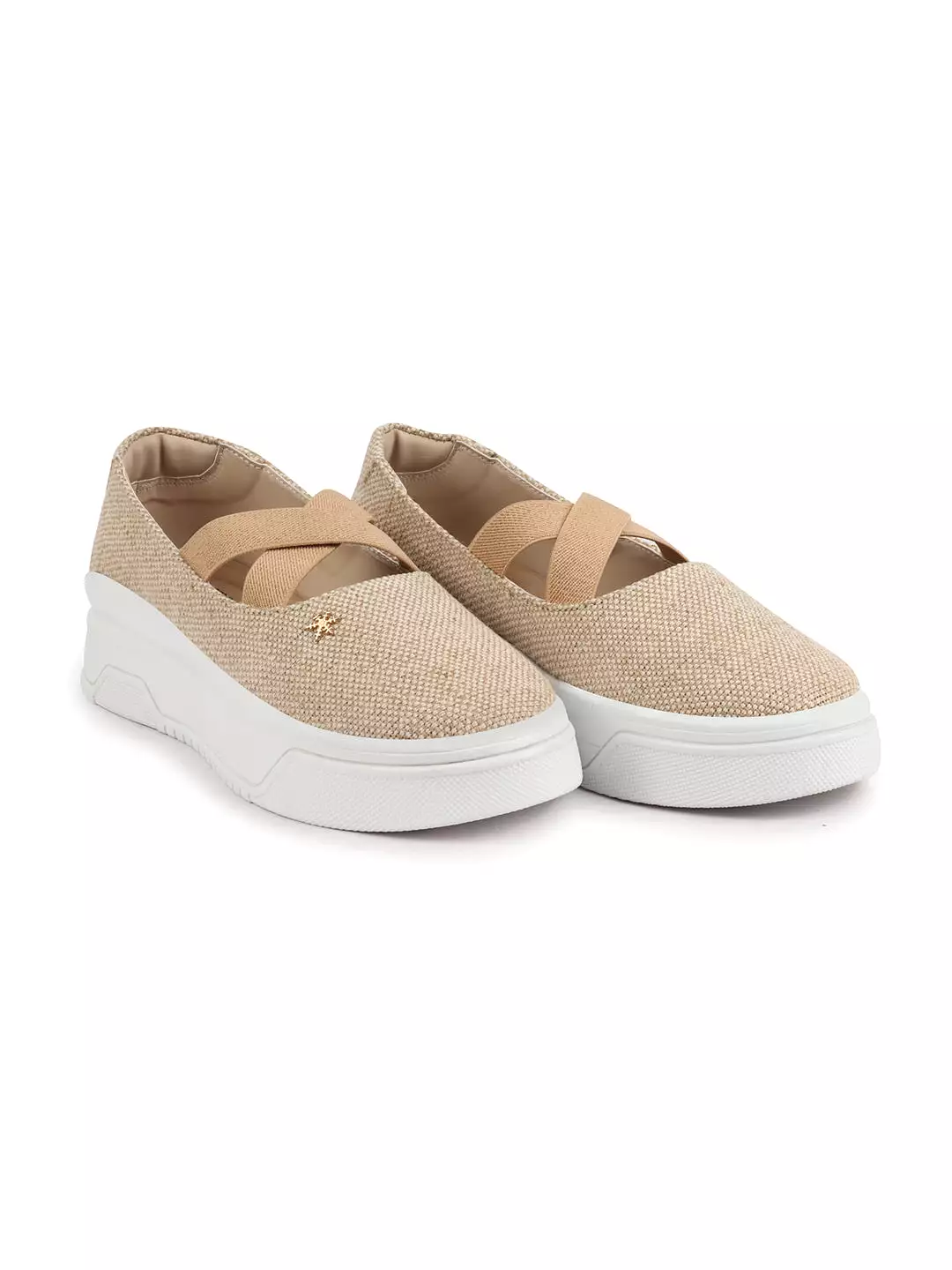 Women Beige Elastic Closure Cross Strap Denim Slip On Height Enhancer Ballet Styled Shoes