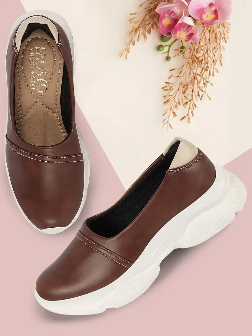 Women Brown Outdoor Fashion Stitched Design Slip On Shoes