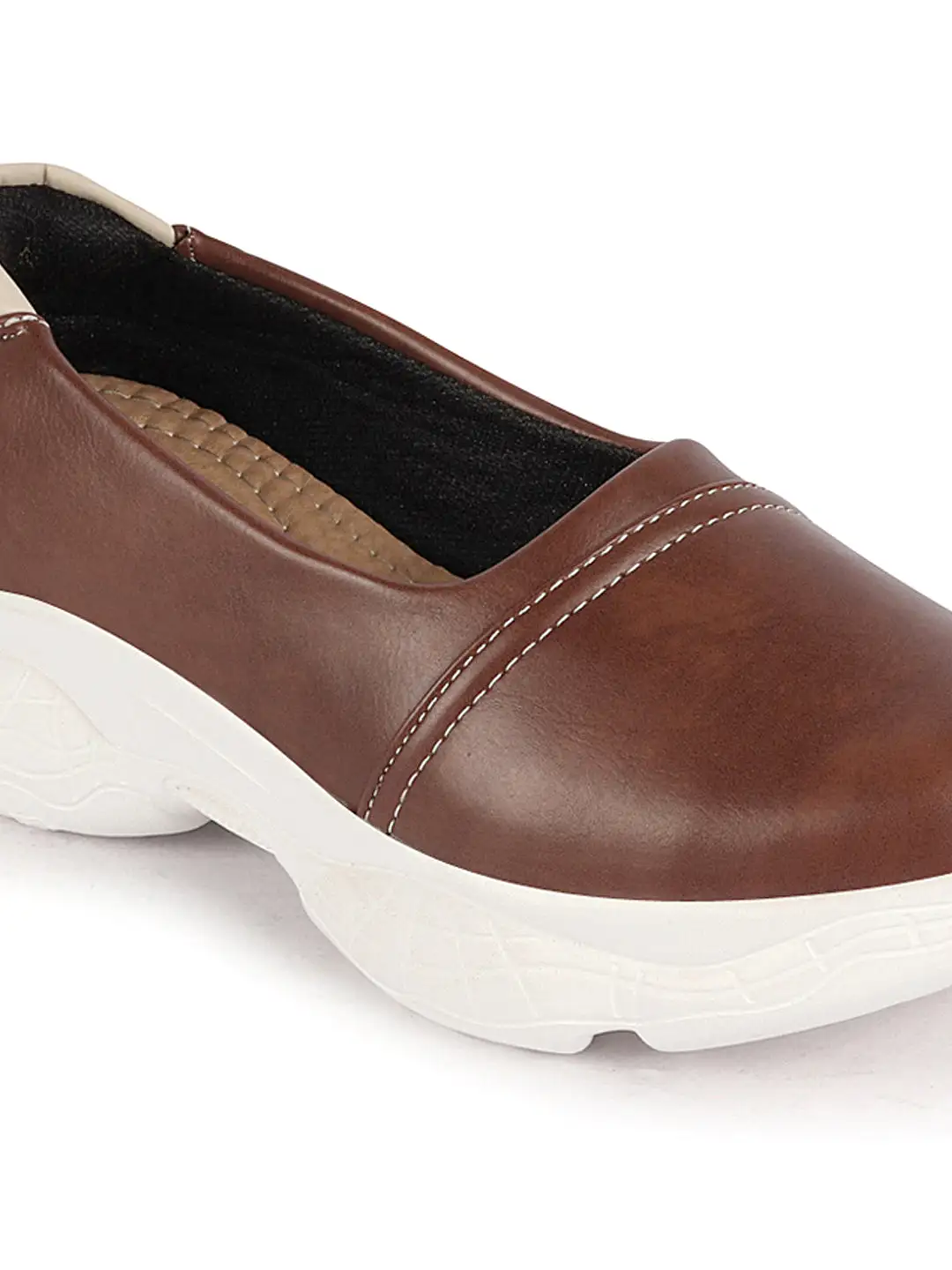 Women Brown Outdoor Fashion Stitched Design Slip On Shoes