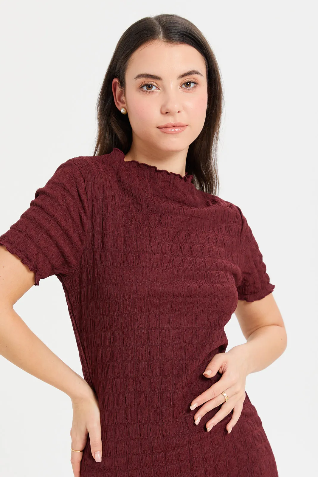 Women Burgundy Textured Bodycon Dress