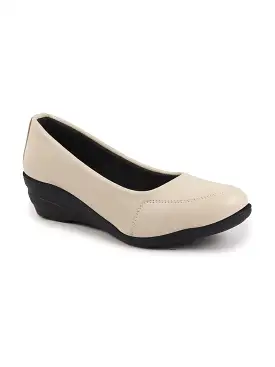 Women Cream Formal Platform Wedge Heel Slip On Ballerina Shoes