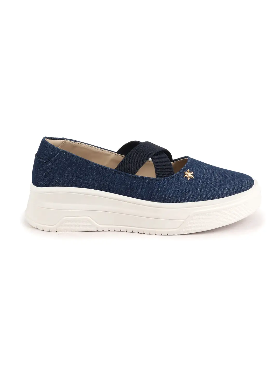 Women Navy Elastic Closure Cross Strap Denim Slip On Height Enhancer Ballet Styled Shoes