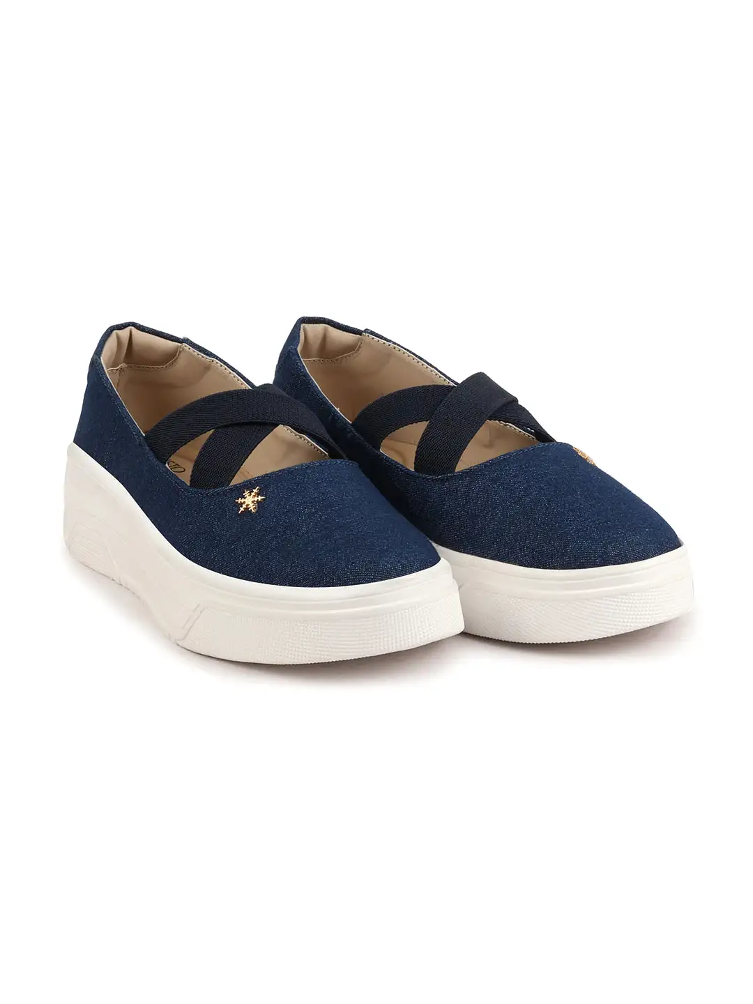 Women Navy Elastic Closure Cross Strap Denim Slip On Height Enhancer Ballet Styled Shoes