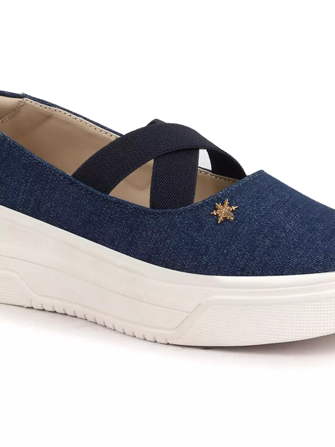 Women Navy Elastic Closure Cross Strap Denim Slip On Height Enhancer Ballet Styled Shoes