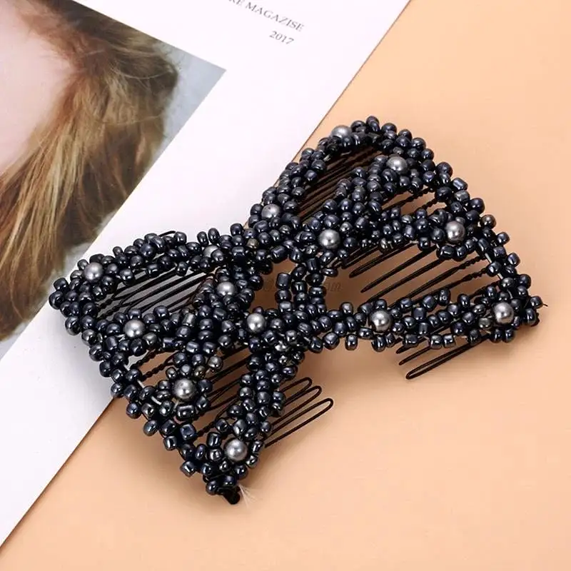 Women Twist Rhombus Beaded Magic Hair Side Combs Jewelry Stretchable Styling Double Clips Hairpins Ponytail Bun Maker