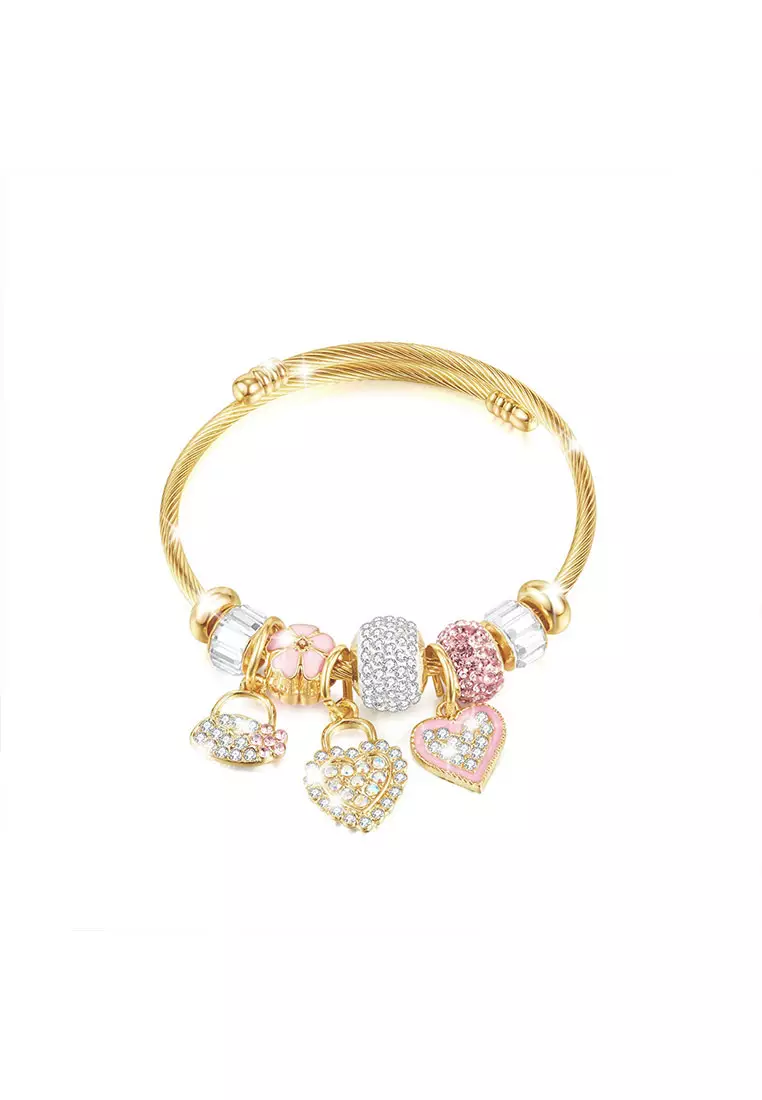 YOUNIQ YOUNIQ LOWE Pink Charm 18K Gold Titanium Open Bangle with Cubic Zirconia