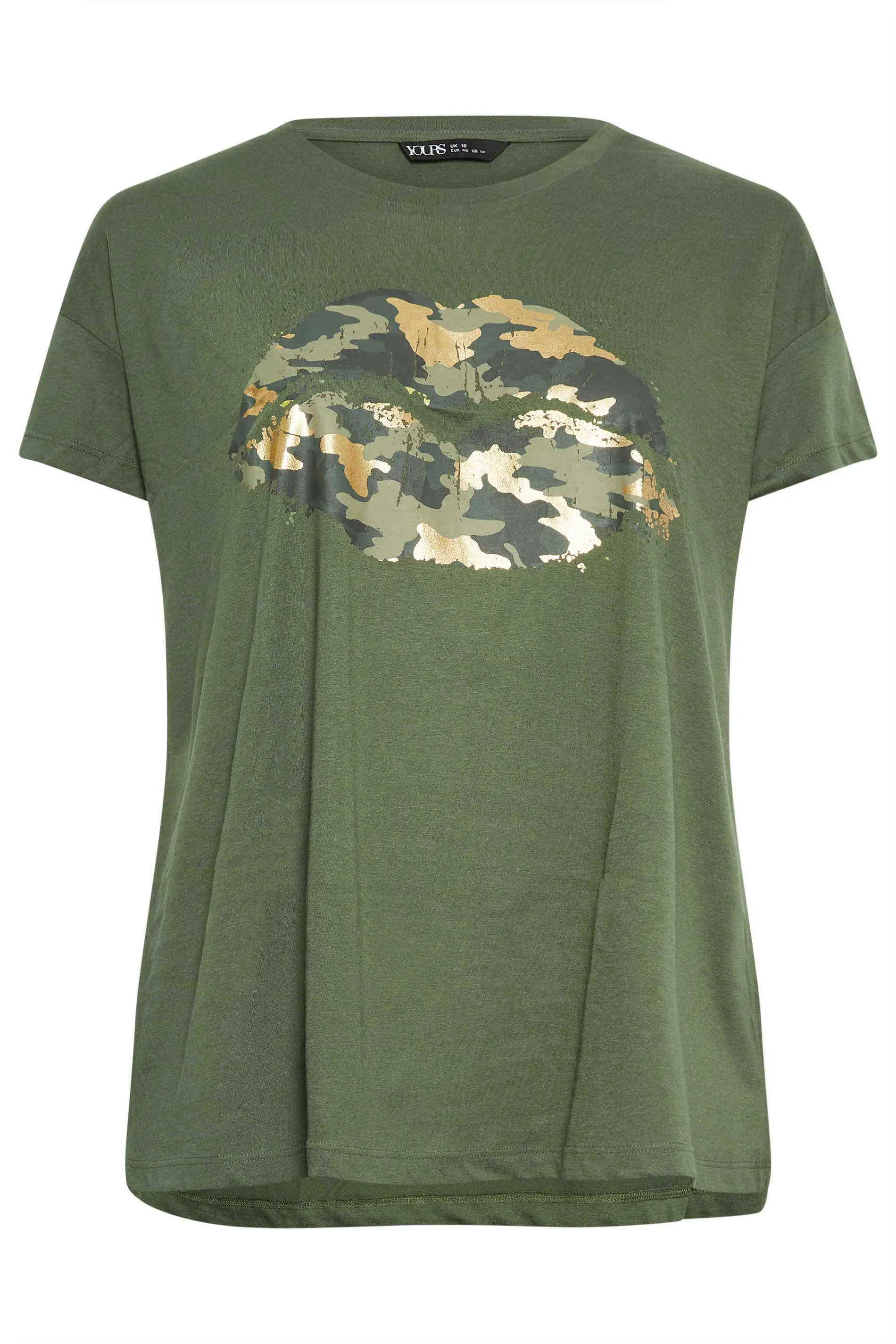 YOURS Curve Green Camo Lips Print T-Shirt